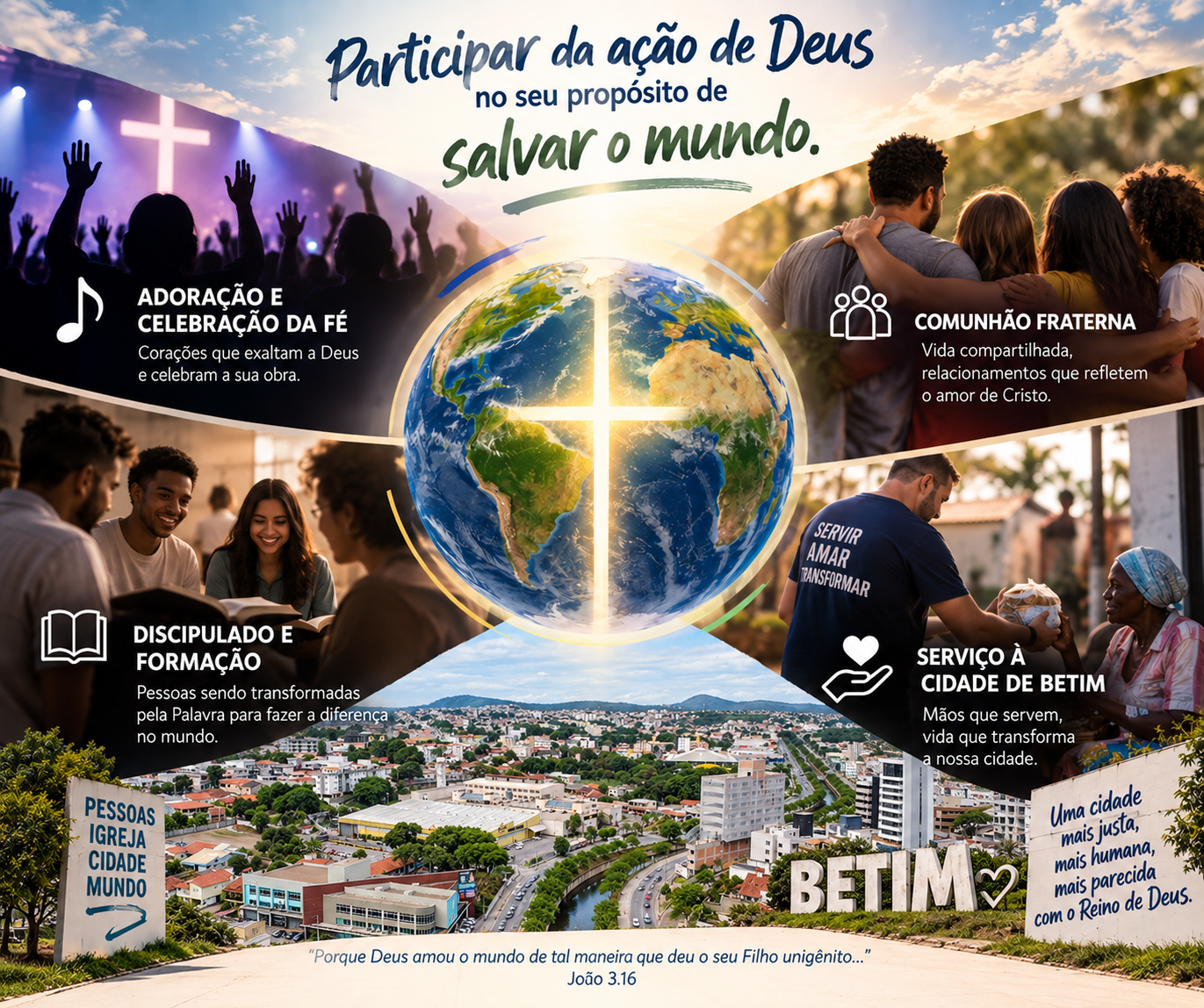 Ilustração da missão: adoração e celebração da fé, comunhão fraterna, discipulado e formação, serviço à cidade de Betim